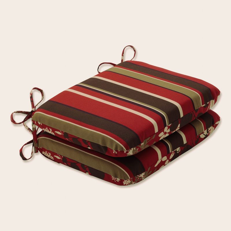 2-Piece Outdoor Reversible Seat Pad/Dining/Bistro Chair Cushion Set - Brown/Red Floral/Stripe - Pillow Perfect, 3 of 12
