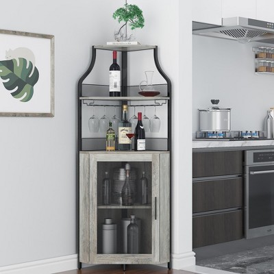 Whizmax Corner Wine Bar Cabinet with Detachable Wine Rack, Bar Cabinet with Glass Holder, Small Sideboard and Buffet Cabinet with Mesh Door