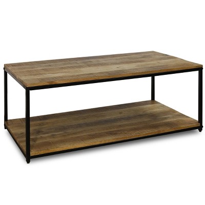StyleCraft Iron Frame and Lower Shelf Rectangle Coffee Table Natural/Black: Mango Wood, Industrial Style, Fixed Shelf
