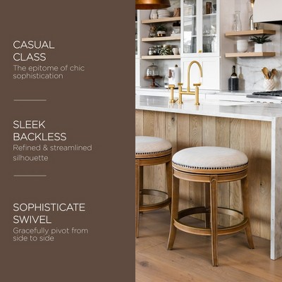 Weathered Oak Backless Swivel Counter Stool with Sand Upholstery