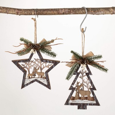 6"H and 5.75"H Sullivans Wood Star And Tree Ornaments - Set of 2  Multicolored Christmas Ornaments