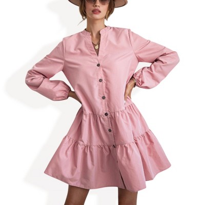 Anna-Kaci Women's Long Sleeve Button-Down Tiered Mini Dress with Stand Collar