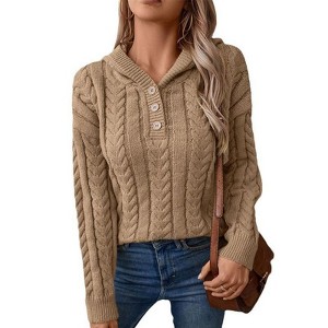 Coolmee Women's Knit Hoodie Sweater Soft Long Sleeve Hooded Pullover Loose Fit Short Casual Knitwear - 1 of 4