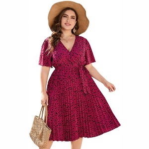 Plus Size Women's Pleated Midi Dress with Belt Flowy Casual Elegant Knee Length Dress for Work Summer - 1 of 4