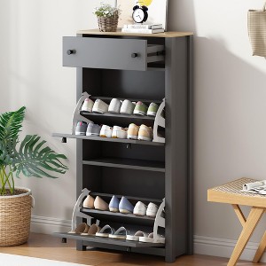 Shoe Rack with 2 Flip Drawers, Free Standing Wood Grain Pattern Top Shoe Cabinet Organizer with Drawer and Adjustable Panel - 1 of 4
