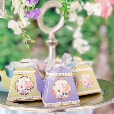 Assorted Pastel Floral Teapot Favor Boxes with Ribbon (Set of 24)
