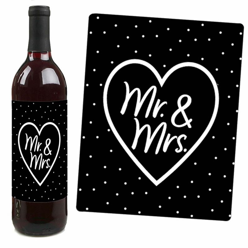 Big Dot of Happiness Mr. and Mrs. - Black and White Wedding or Bridal Shower Decorations for Women and Men - Wine Bottle Label Stickers - Set of 4, 3 of 9