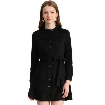 Allegra K Women's Long Sleeve Casual Faux Suede Belted Elegant Button Down Mini Dress