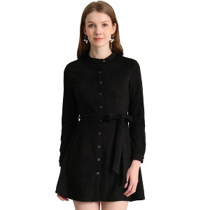Allegra K Women's Long Sleeve Casual Faux Suede Belted Elegant Button Down Mini Dress - 1 of 4