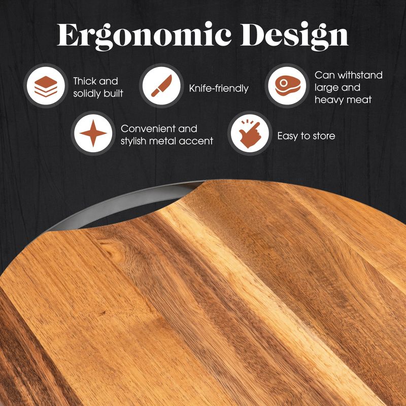 American Atelier Acacia Wood Round Cutting Board with Metal Accent, Large Board for Cheese, Charcuterie with Handle for Serving, 13” Diameter, 5 of 8