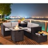 Tangkula 5-Piece Patio Furniture Set with 30 Inches Gas Fire Pit Table Outdoor PE Wicker Conversation Sectional Sofa Set with Cushions Red/Beige/Navy/Turquoise - 3 of 4