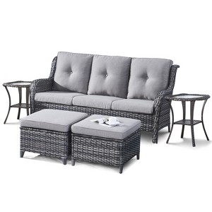POCASSY 5 Piece Outdoor Conversation Furniture Set Wicker Sofa Seating Group with Cushions for Backyord, Garden, Pool - 1 of 4