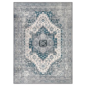 Area Rug 9x12 – Large Washable Non-Slip Low Pile Vintage Oriental Distressed Rug for Living Room, Bedroom, Dining & Office, Grey & Blue - 1 of 4