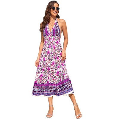 Women's Summer Boho Sleeveless Dress Floral Print Deep V Neck Backless Dress Adjustable Tie Beach Flowy Maxi Dress