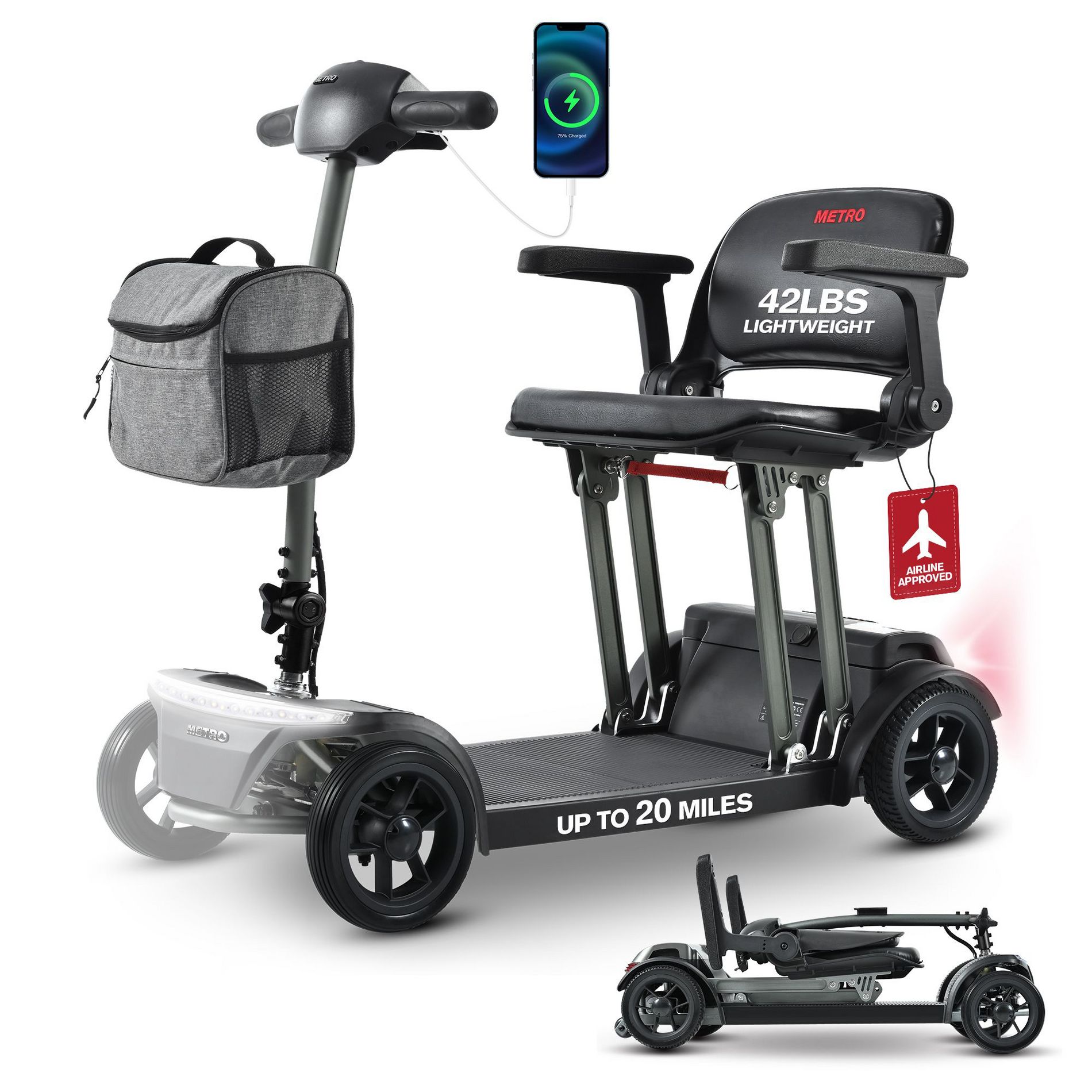 Scooters for Adults 4 Wheel Powered Mobility Scooters Lightweight Folding Electric Bike for Seniors 265 lbs 20 Miles USB Charger Port Black