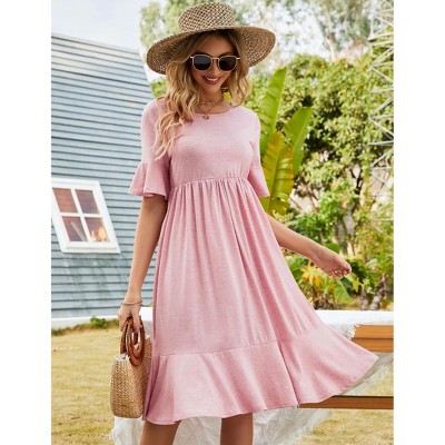 Coolmee Women Casual Ruffle Hem Round Neck Short Sleeve Tiered Flowy Midi Dress With Pockets
