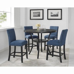 Roundhill Furniture Biony Espresso Wood Counter Height Dining Set with Blue Fabric Nailhead Stools - 1 of 4