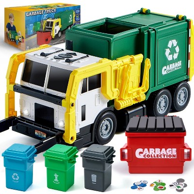 SYNCFUN 16”Large Friction Powered Garbage Truck Toy Set with Dumpster, Trash Bins, Learning Cards for Kids，Trash Truck Toy Easter Gift for Boys 2-7