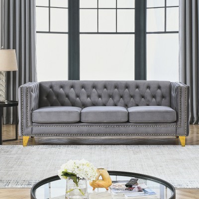 Akoasm 80.5 in. W Modern Velvet Sofa with Couch Upholstered Button and Metal Legs For Bedroom & Living Room-Black