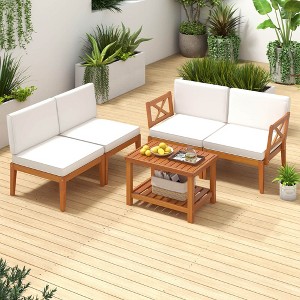 Costway 5 PCS Acacia Wood Patio Furniture Set with Cushions and 2-Tier Coffee Table - 1 of 4