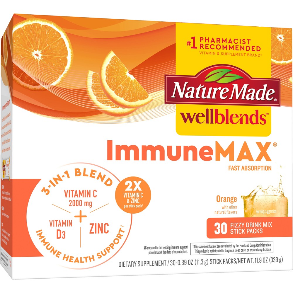 Nature Made Wellblends ImmuneMAX Fizzy Drink Mix Stick Packs with Vitamin C, Zinc and Vitamin D3 - 30ct (use by 3/2024)
