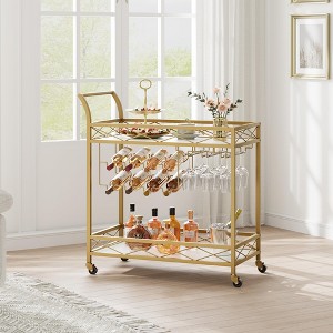 2 Tier Bar Carts for The Home, Bar Carts with Wheels, Serving Cart with White Marble Finish Wood Shelf - 1 of 4