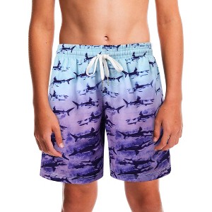 Boys Board Shorts Funny Graphic Swim Trunks Shark Pattern Bathing Suits Running Sports Swimwear Swimsuit for Beach Holiday 9-10 Years Purple - 1 of 4