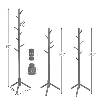 Gray Rubber Wood Adjustable Height Coat Rack with 8 Hooks