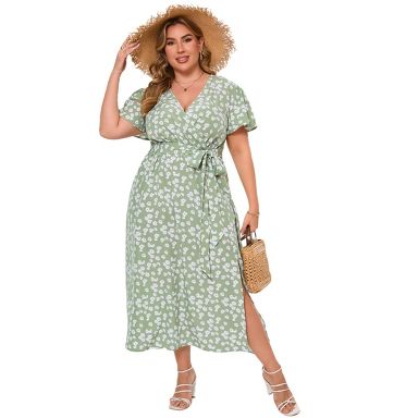 Clearlove Women's Plus Size Short Sleeve Tie Side Dress V Neck Floral Print  A Line Ruffle Dresses - Green,X Large : Target