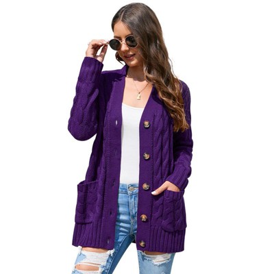 Women's Open Front Cardigan Sweater with Pockets Long Sleeve Cable Knit Button Loose Cardigan Sweater Outwear