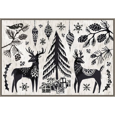 33" x 22" Woodcut Christmas I Framed Wall Canvas Brown - Amanti Art