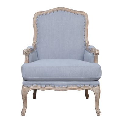 Light Blue Traditional Upholstered Accent Chair with Distressed Wood Base