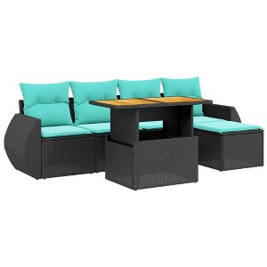 vidaXL 6 Piece Patio Sofa Set with Cushions Black Poly Rattan - Black 2x middle + 2x corner + footrest + table - 1 of 4