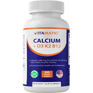 Vitamatic Calcium Supplement 1200mg with D3, K2 & B12, Immune & Bone Health Support - 365 Coated Tablets - 1 of 4