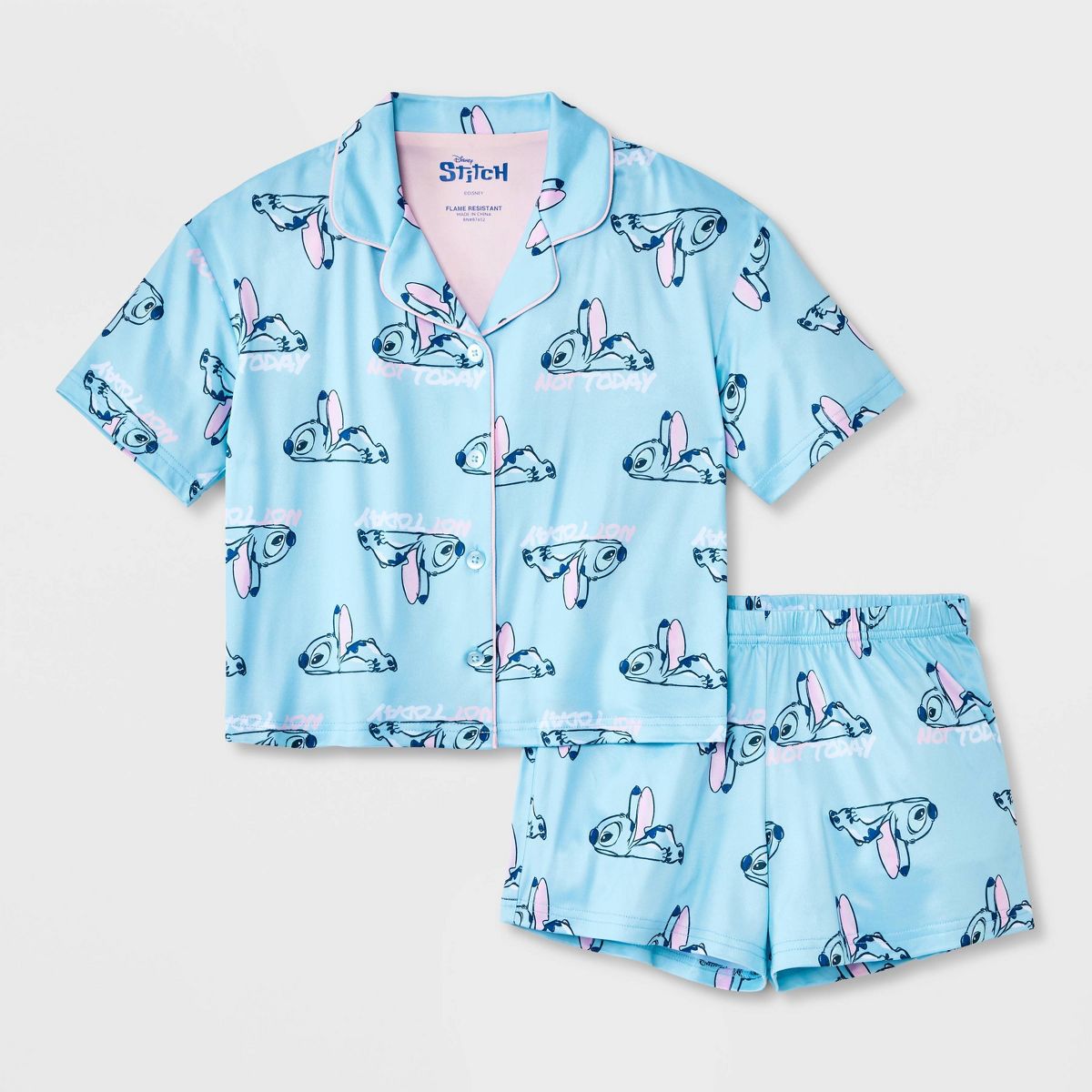 Girls' 2pc Lilo & Stitch Button-Down Pajama Set - Light Blue