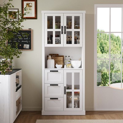 Famapy Modern Kitchen Pantry Cabinet,Tall Storage Organizer with Drawers,Glass Doors for Display,Floating Open Shelf,for Spices and Dishes