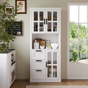 Famapy Modern Kitchen Pantry Cabinet,Tall Storage Organizer with Drawers,Glass Doors for Display,Floating Open Shelf,for Spices and Dishes - 1 of 4
