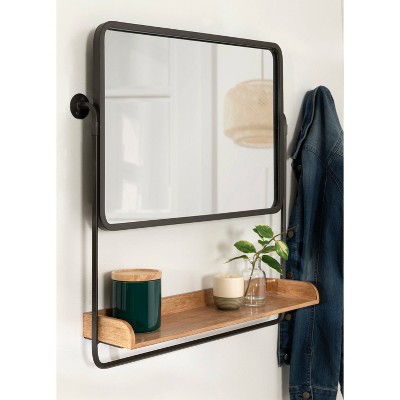 Rustic Brown and Black Rectangular Wall Mirror with Shelf