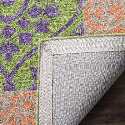 Green and Violet Floral Wool Area Rug, 5' x 8'