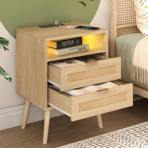 Rattan Nightstand with Charging Station USB Port Led Lights and Drawers, End Table - 1 of 4