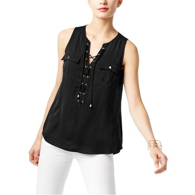 I.N.C International Concepts Womens Lace-Up Knit Blouse, Black, X-Small