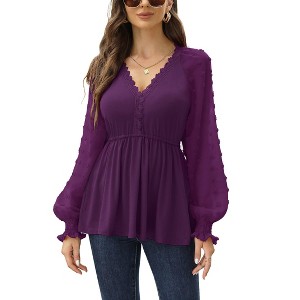 Clearlove Women’s Puff Sleeve Blouse with Peplum Waist V-Neck Ruffle Hem Long Sleeve T-Shirt Flared Cuff Top - 1 of 4