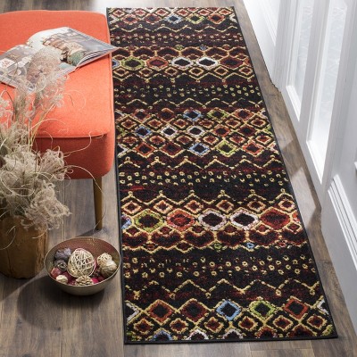 Black and Multicolor Geometric Synthetic Runner Rug, 2'3" x 10'