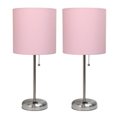 Simple Designs 2pk Sleek Slender Brushed Steel Table Lamp Light Pink Shade