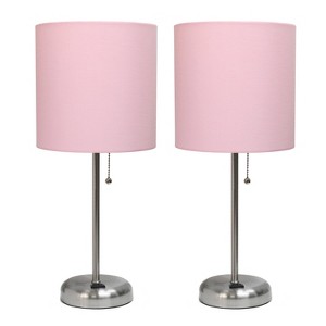 Simple Designs 2pk Sleek Slender Brushed Steel Table Lamp Light Pink Shade - 1 of 4