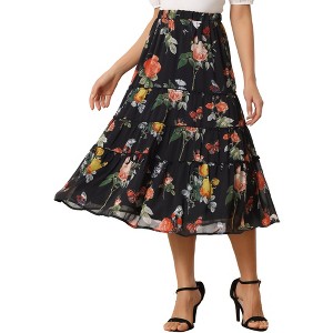 INSPIRE CHIC Women's Floral Elastic Waist Tiered Ruffle Boho Midi Skirts - 1 of 4