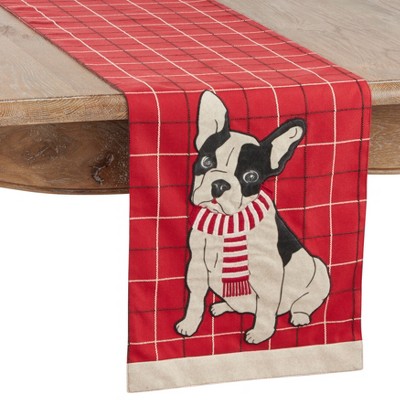 Saro Lifestyle French Bulldog Plaid Christmas Table Runner, 13"x72", Red