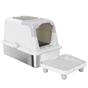 HTUTWOO Enclosed Cat Litter Box, Stainless Steel Litter Pan, Front-Entry Top-Exit Design with Scoop, Deodorizer Bag for Big Cats and Kittens - 1 of 4