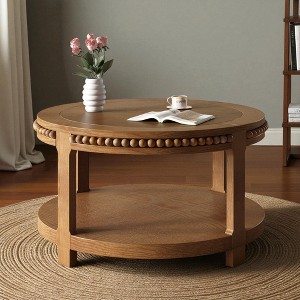 Mshliw 31.5'' Round Solid Wood Coffee Table with 2-Tier Thick Shelves and Beaded Trim, Dining Table, Accent Table for Living Room or Lounge - 1 of 4
