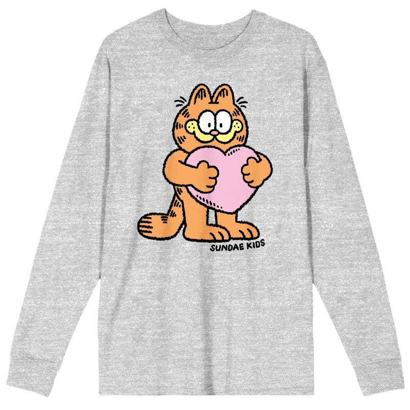 Garfield With Pink Heart Crew Neck Long Sleeve Athletic Heather Adult Tee, 1 of 3